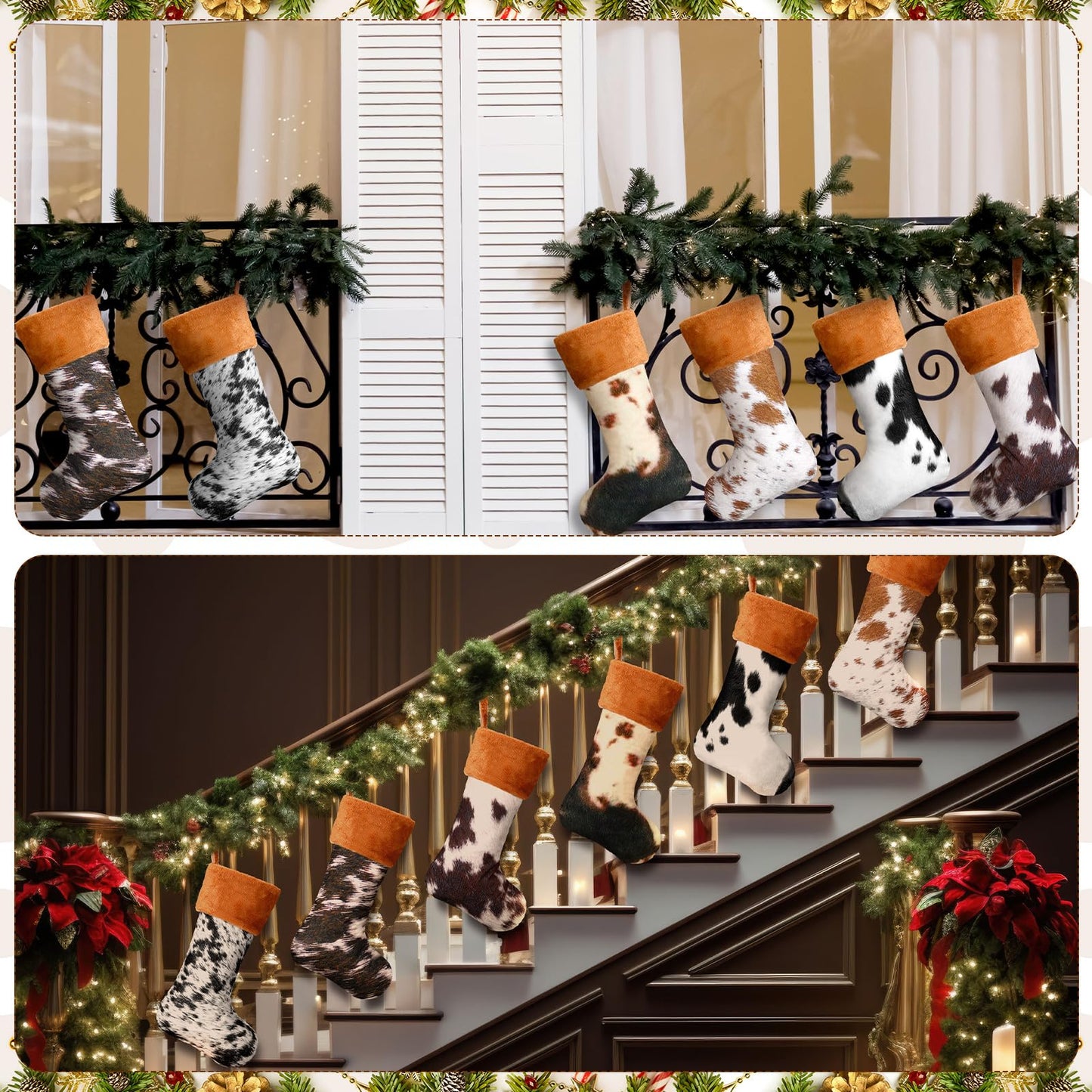 Glimin 6 Pack Cow Print Christmas Stockings 20 Inch Large Plush Xmas Animal Cuff Stockings Hanging Ornaments Socks for Western Fireplace Mantel Stairway Decorations(Brown Cuff)