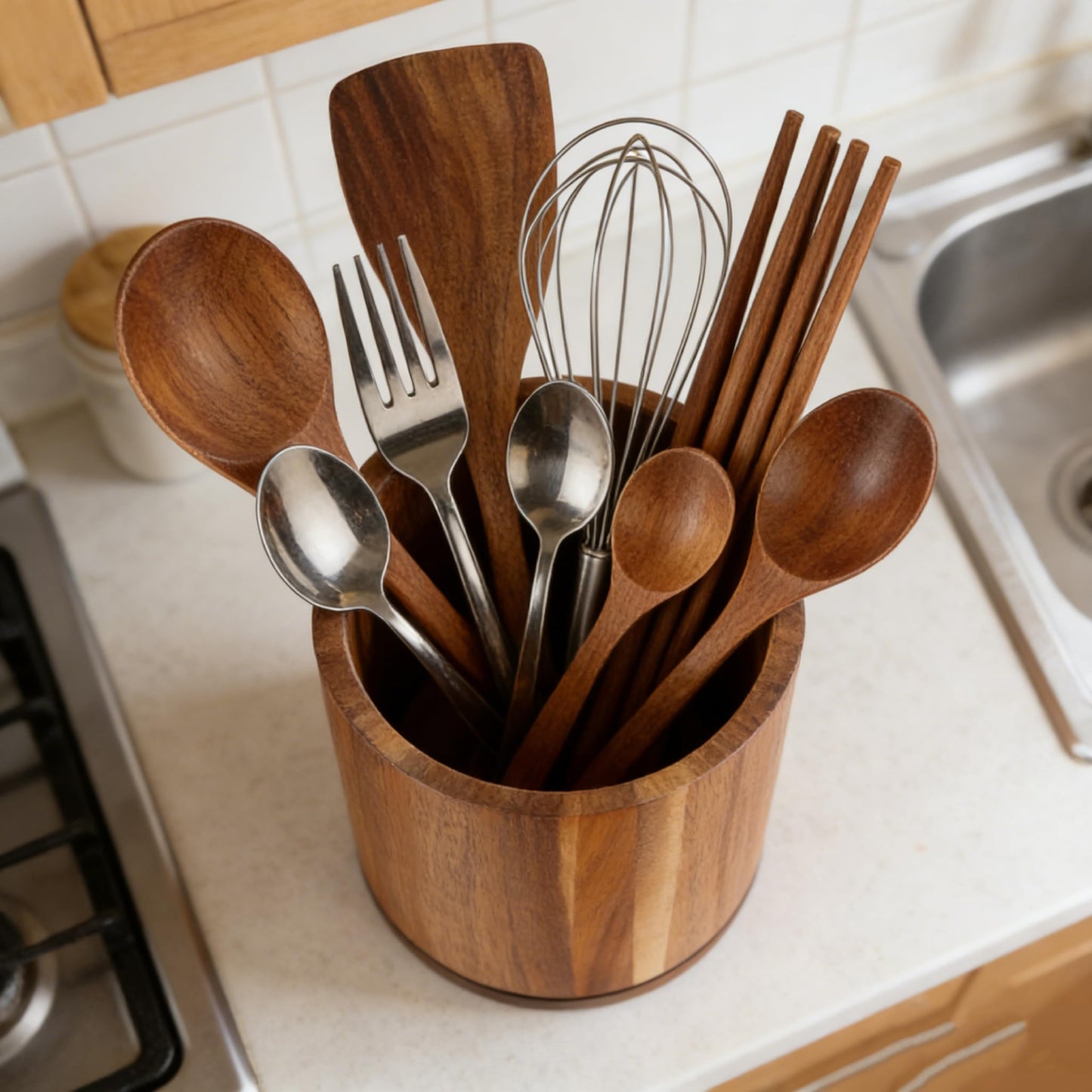 Cyrabota Acacia Wood Utensil Holder 360°Rotating Anti-Tip Design for Kitchen Counter,Cooking Utensil Crock for Countertop , Large Utensil Organizer for Spatula