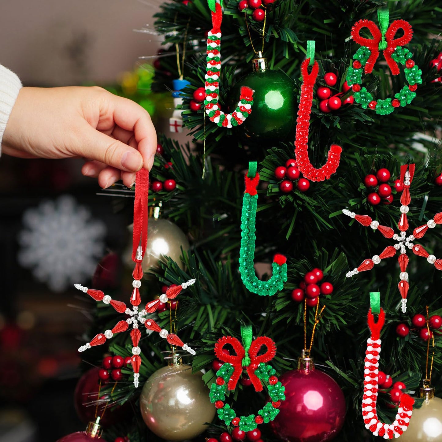 GYGOT Christmas Crafts for Adults,30 Sets Christmas Beaded Ornament Kit to Make-Incl. 6 PC Snowflake/12 PC Wreath/12 PC Candy Cane(Assembly Needed)