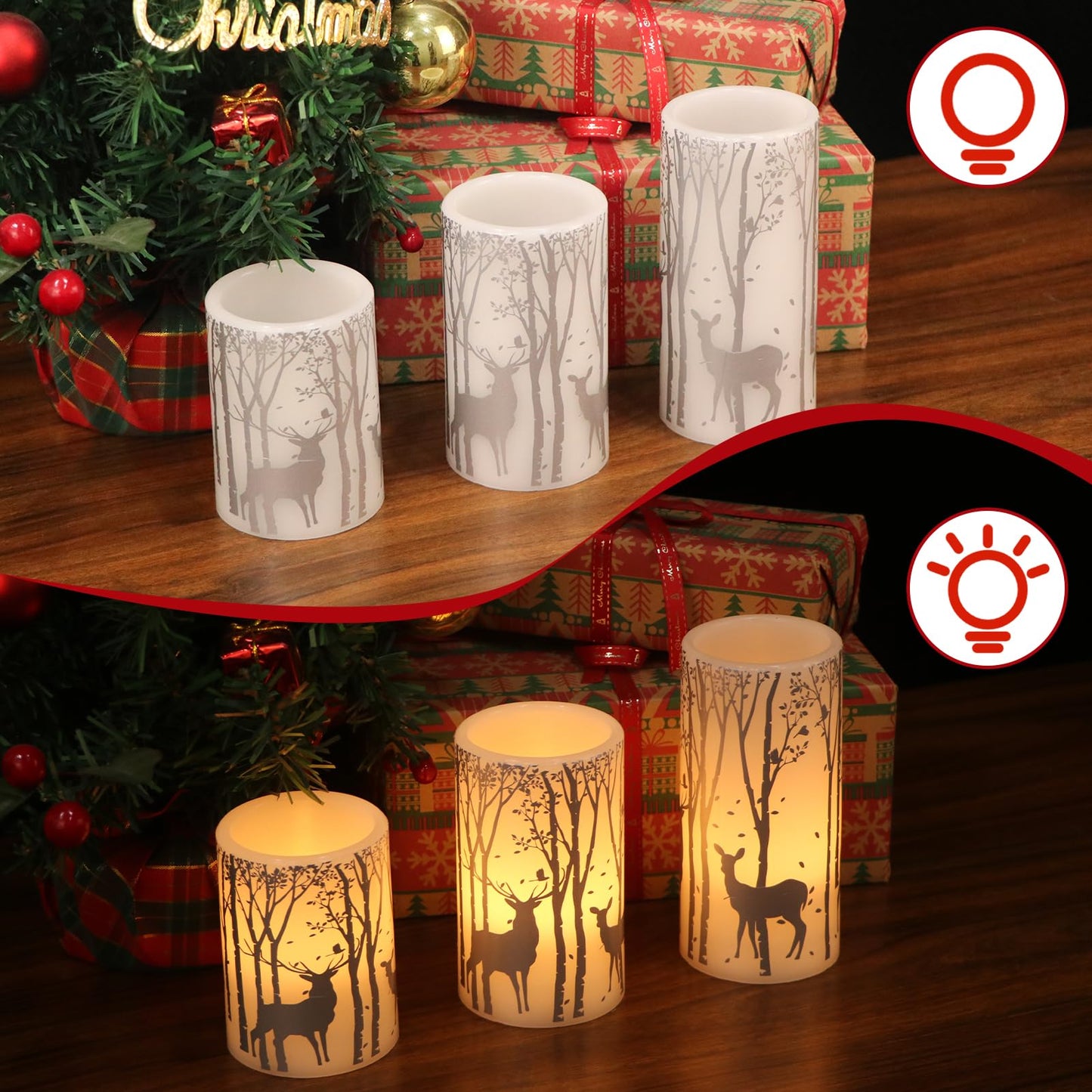 Eldnacele Christmas Flickering Flameless Candles with 6 Hour Timer, Silver Deer Decal Battery Operated Real Wax LED Pillar Candles Home Tabletop Holiday Decor(3Pcs,3×4/5/6 Inches)