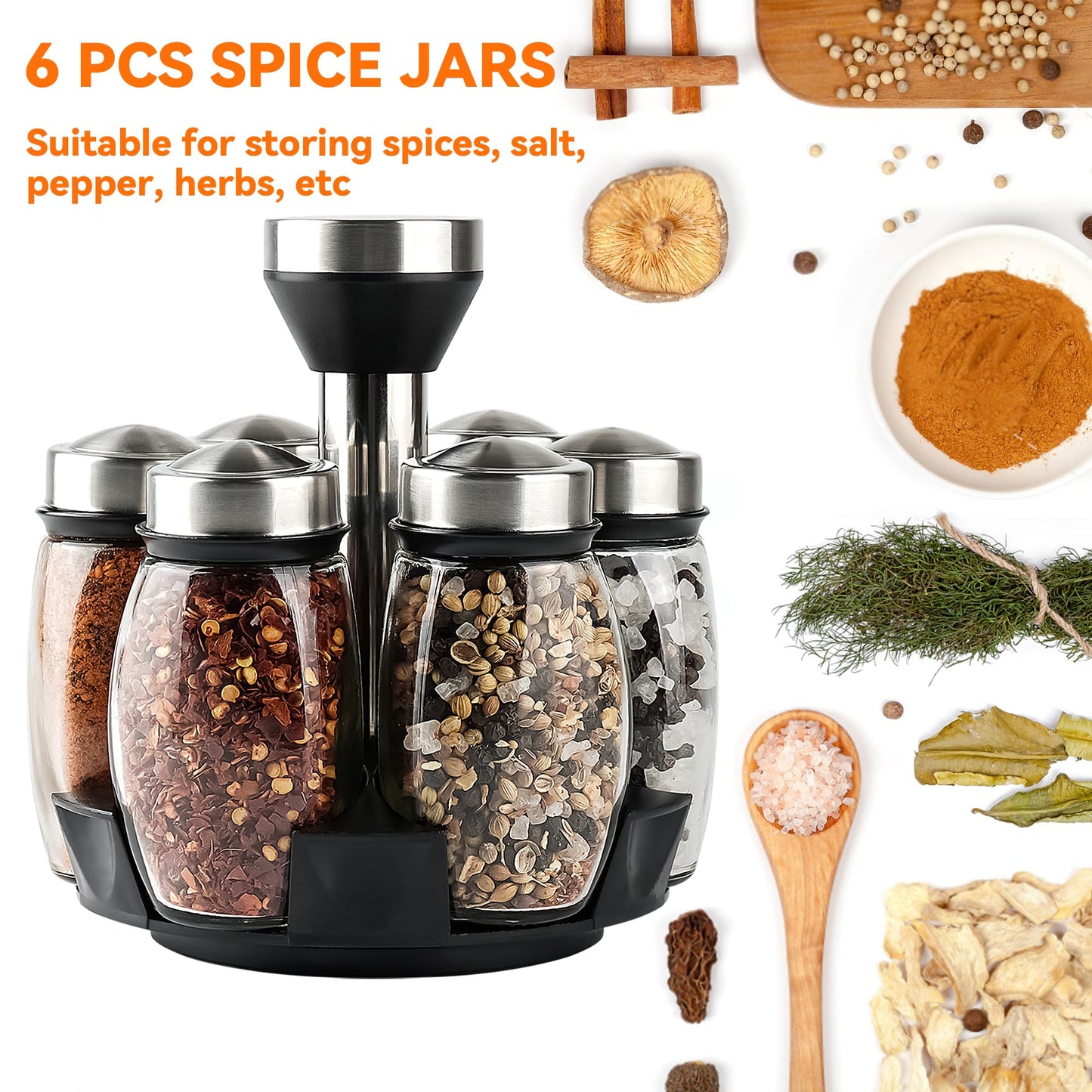 Mlici 6PC Spinning Glass Spice Jars - 360° Rotating Spice Rack Organizer with Jars, Stainless Steel Revolving Seasoning Holder Jars for Countertop Cabinet Kitchen Spices Cruets
