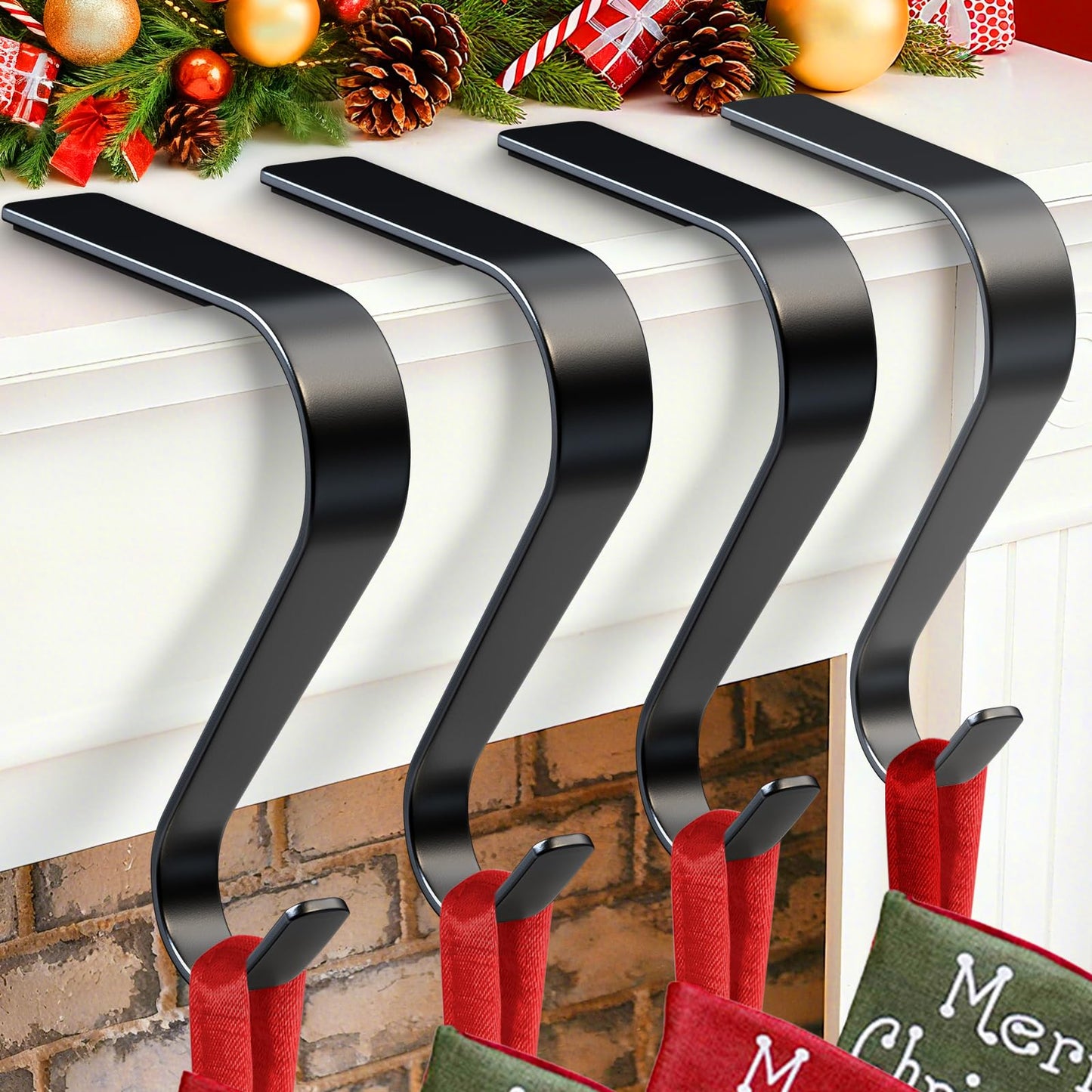 Christmas Stocking Holders for Mantle Set 4, Non-Slip & Scratch-Free Stocking Holder for Fireplace Christmas Decorations, Upgrade Lightweight Mantle Stockings Hangers Hooks for Xmas Decor (Black)