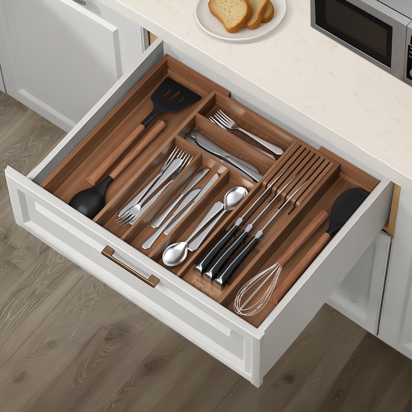 TIOPGHAD Bamboo-Silverware-Drawer-Organizer-Kitchen, Expandable Utensil Holder Cutlery Tray Flatware Organization Adjustable Wood Tableware Dividers Storage (with Removable Knife Block)(Brown)