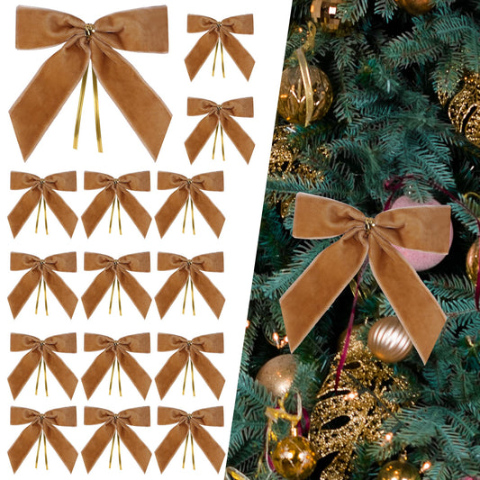 Sggvecsy 24 Pcs Christmas Bow Christmas Wreath Bows Velvet Ribbon Bows Xmas Tree Ornaments Gift Wrapping Xmas Decoration Handmade Crafts Gifts for Home Indoor Holiday Party (Camel)