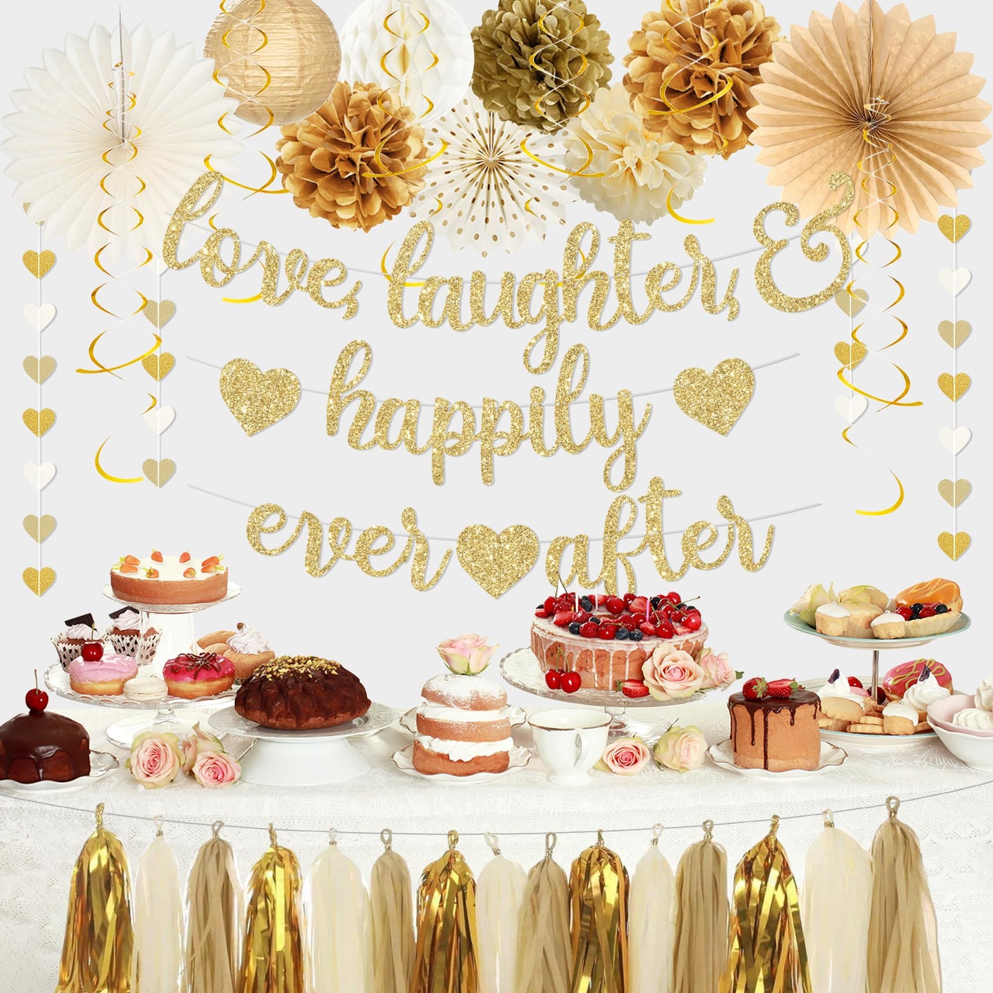 Roetyce Engagement Party Decorations, Gold Glitter Love Laughter & Happily Ever After Banner for Bridal Shower, Wedding Bachelorette Party Backdrop, Almost Married/Just Engaged Photo Background Decor