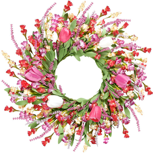 Sggvecsy Spring Summer Wreath for Front Door 22 Inch Artificial Colorful Flower Wreath with Colorful Tulips Greenery Leaves Lavender for All Seasons Home Farmhouse Indoor Outdoor Wall Decor (Mixed)