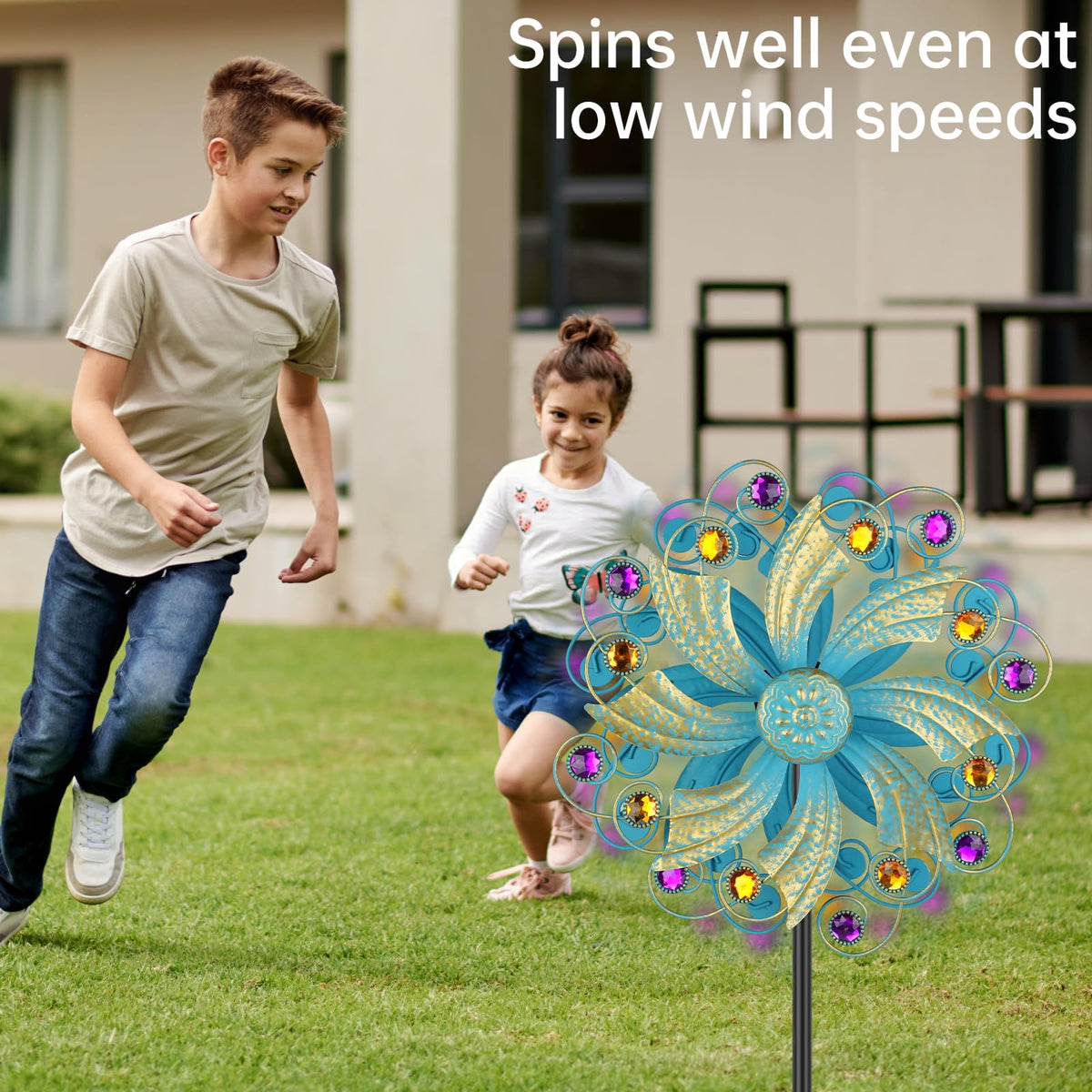 Jusimux Metal Wind Spinners Outdoor, Golden Kinetic Wind Sculpture Garden Pinwheels with Metal Stake, Yard Art Decor for Patio, Lawn & Garden, Creative Gifts 57.5 * 13 Inch