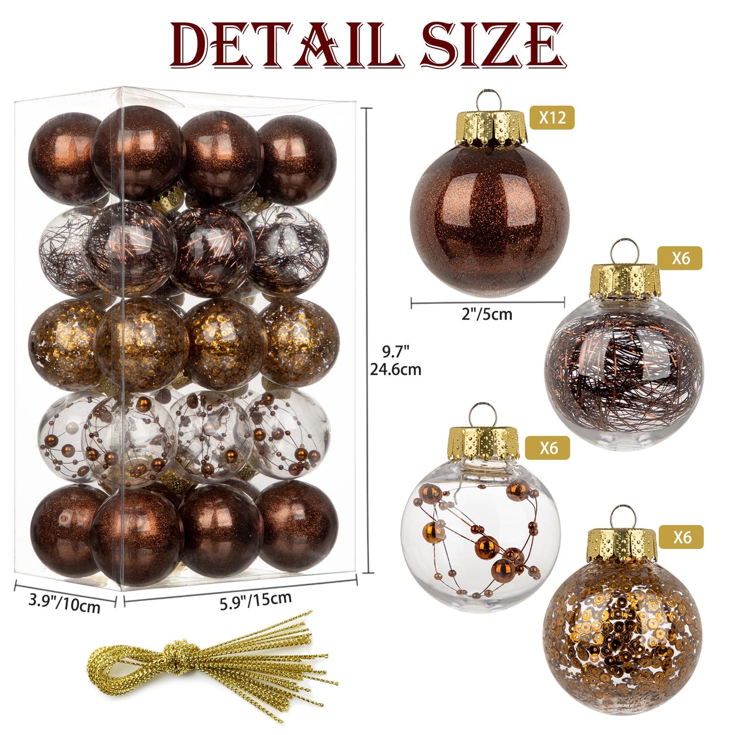 Briful 50mm/1.97" Shatterproof Clear Plastic Christmas Ball Ornaments Decorative Transparent Xmas Balls Baubles Set with Stuffed Delicate Decor Hanging Christmas Tree Ornaments(24 Counts, Brown)