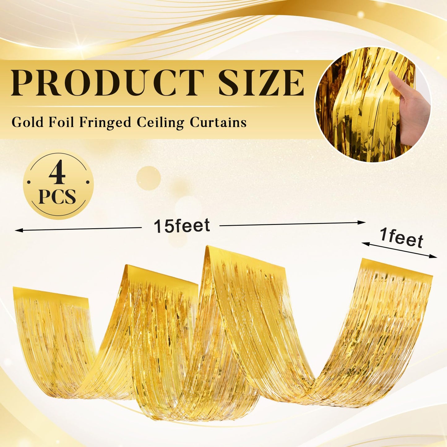 Breling 4 Pcs 15ft Gold Metallic Foil Ceiling Fringe Curtains for Bachelorette Party Decorations, Fringe Ceiling Drapes for Wedding Engagement Bridal Shower Birthday Party Engagement Decor