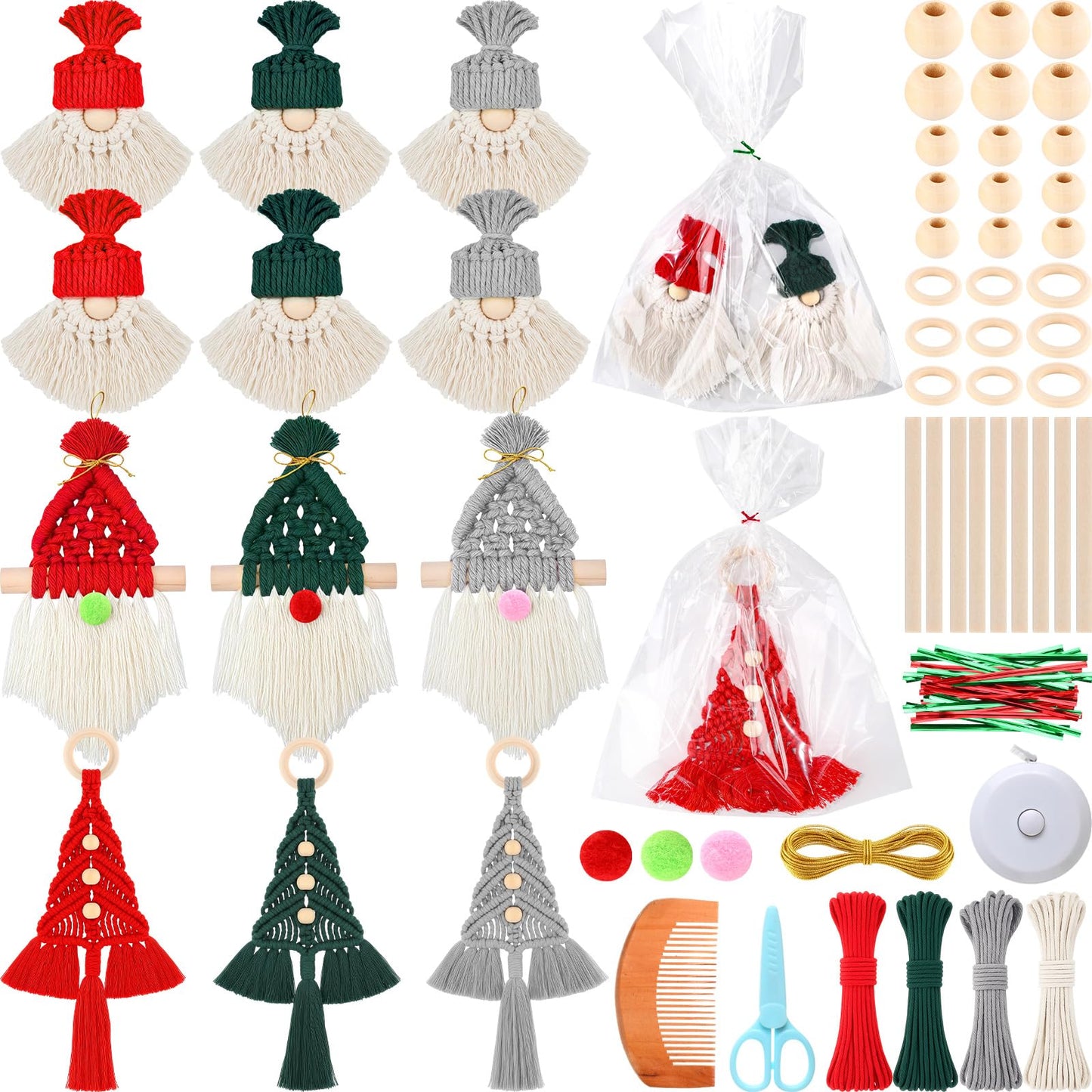 Suncalla 12 Set DIY Christmas Macrame Gnomes Santa Claus Kit DIY for Christmas Tree Decor Xmas Tree Hanging Ornament Kit Handmade Products for Beginners Adult Crafts Instructions Included