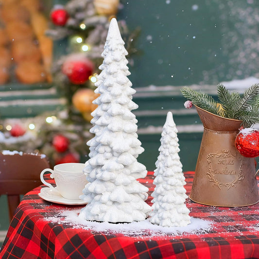 Set of 2 White Glitter Resin Trees,Small Pine Tree Figurines Decorative Christmas Trees Tabletop Centerpieces Decor for Christmas,Xmas,Holiday,9.6'' / 6.1''