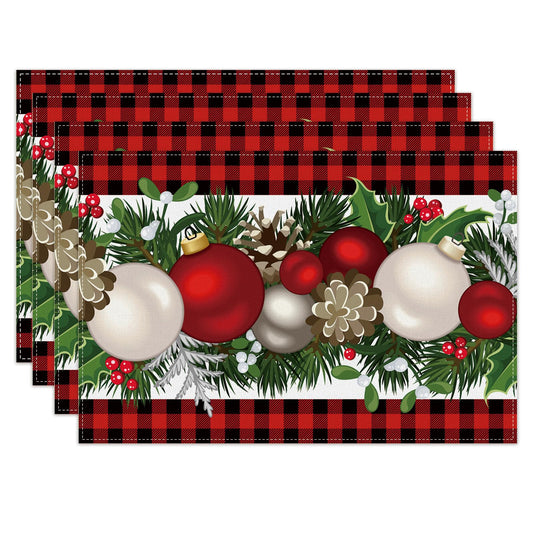 Linen Red and Black Buffalo Check Plaid Christmas Placemats Set of 4 Farmhouse Winter Christmas Xmas Holiday Home Kitchen Table Decorations