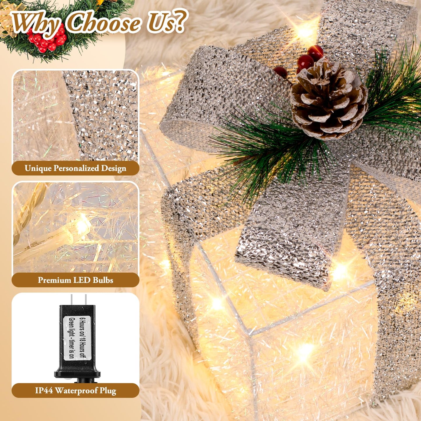 Towponics Set of 3 Christmas Lighted Gift Boxes with Plug, Indoor Outdoor Christmas Decorations with 60 LED Warm White Mini String Lights, Present Boxes with Silver Tinsel for Xmas Tree Porch Decor