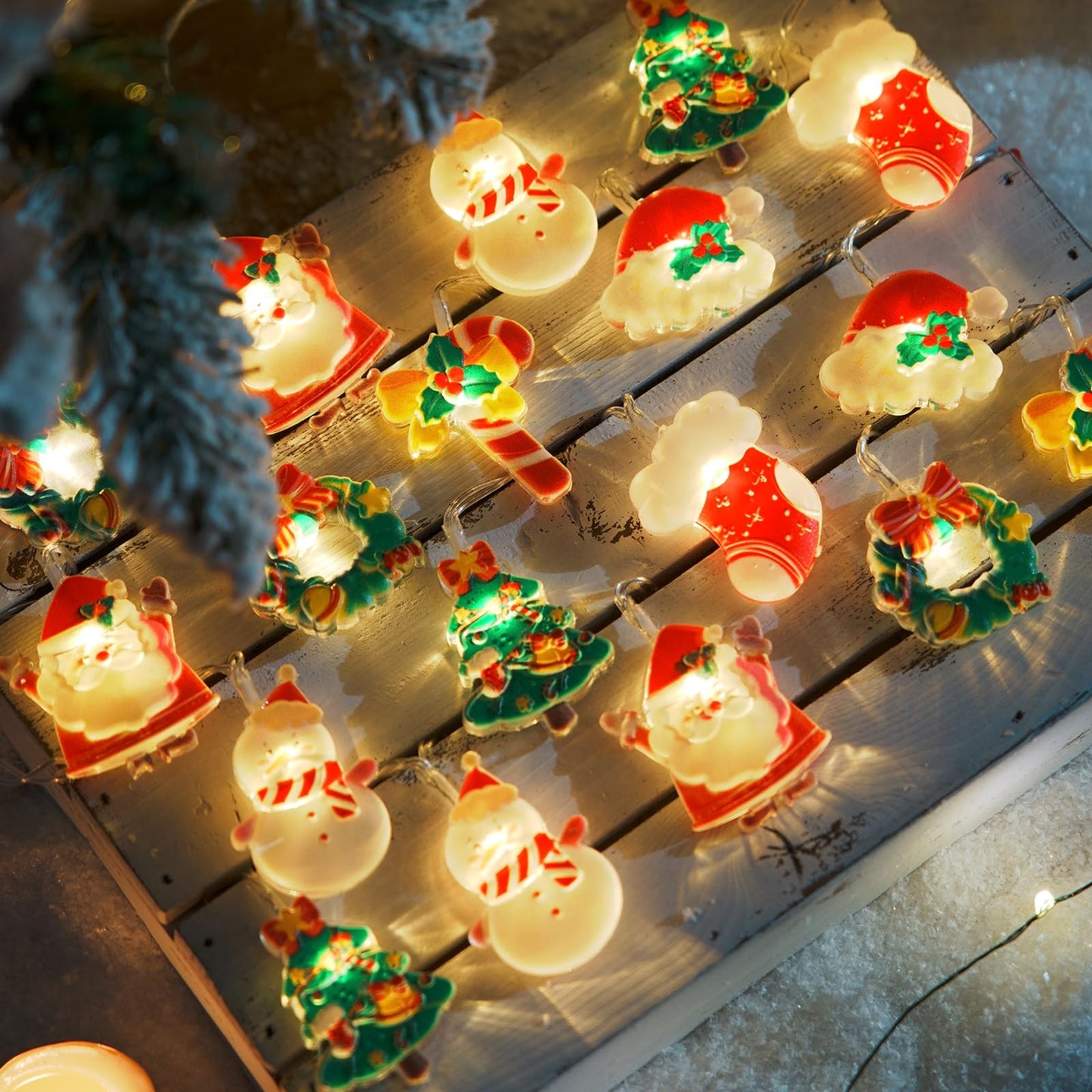 LOLStar Christmas Fairy String Lights, 20 LED Xmas Warm White Lights Hanging Decors with Santa Claus Wreath Tree Snowman Candy Cane Hat Stockings Battery Operated Indoor Window Lights for Party Home