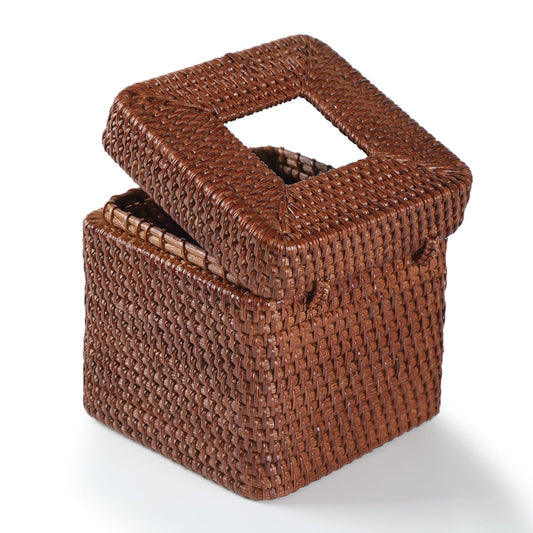 Rattan Square Tissue Box Cover, 5.7" x 5.7" x 5", Decorative Woven Facial Tissue Holder with Hinged Top Lid, Brown