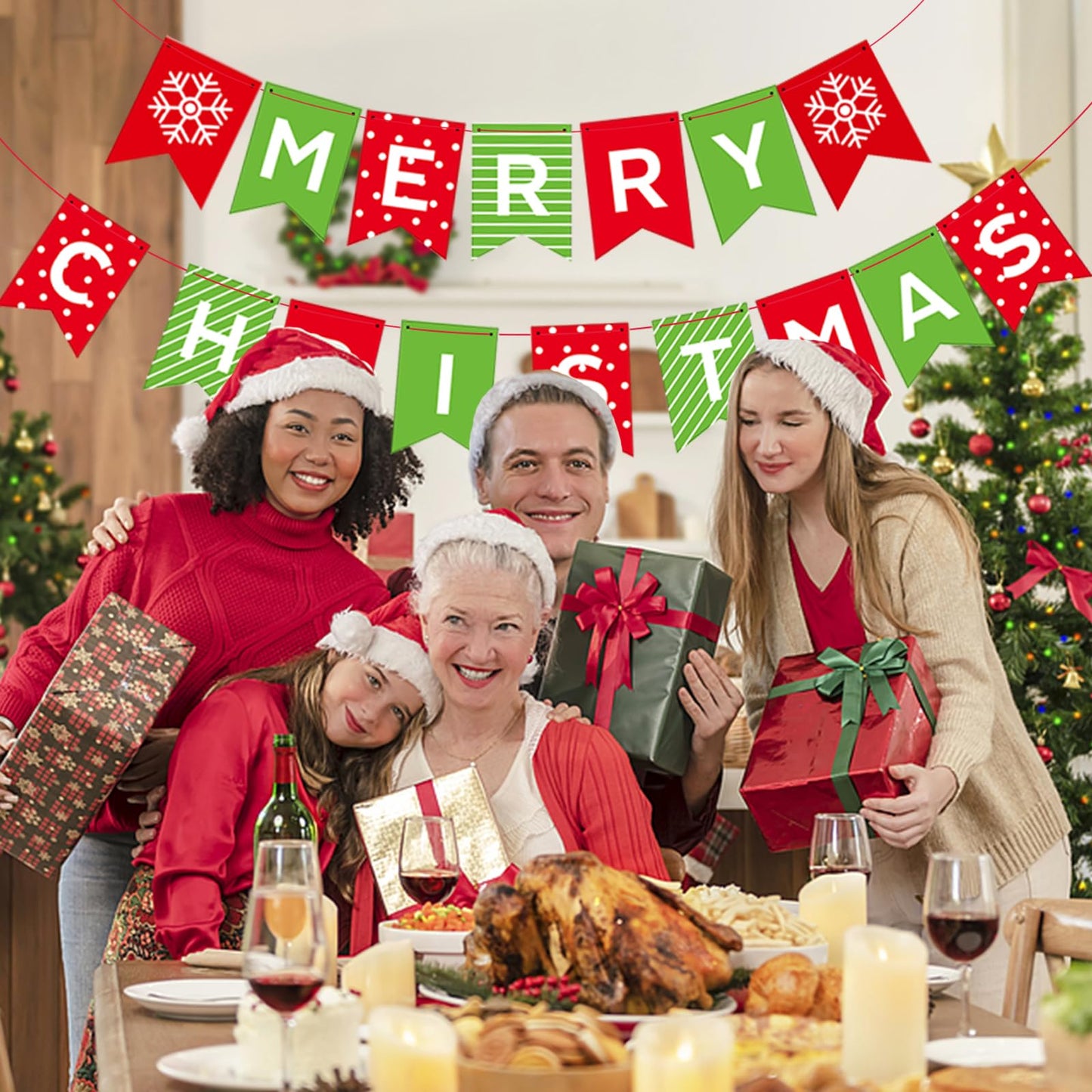 Merry Christmas Banner - Premium Heavyweight Paper Holiday Sign with String & Threading Needle for Indoor Fireplace, Wall, Windows | Traditional Festive Decor (Merry & Bright) (double-sided)