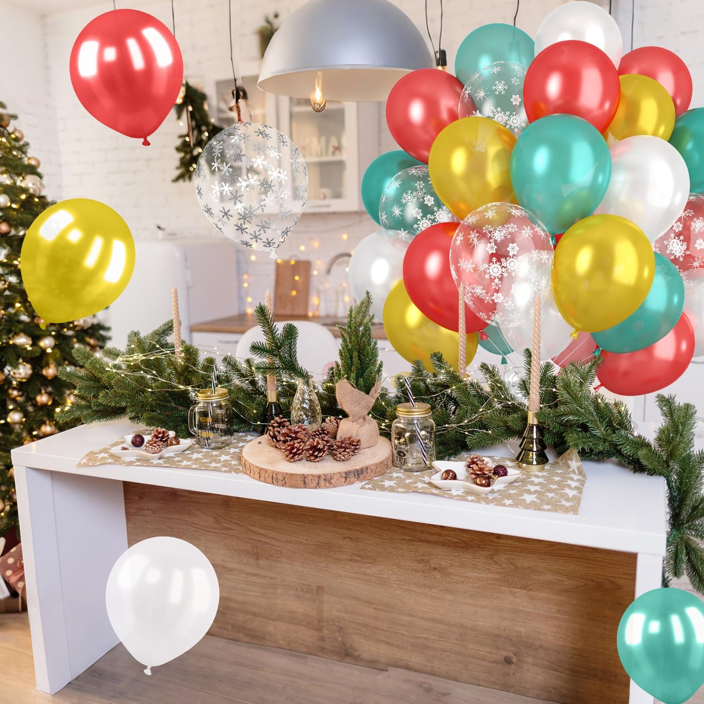Christmas Balloons, Pearl Red Gold Teal Blue Balloons with Snowflake Print Balloon, Pearl White Gold Xmas Party Latex Balloon for Christmas Birthday Winter New Year Party Decorations Supplies