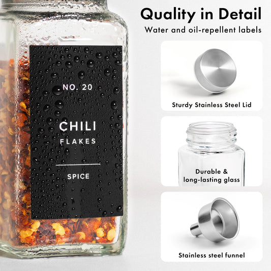 EDELHAUS Glass Spice Jars with Labels and Steel Lids (24 x 4oz) Spice Containers with 240 Label, Steel Funnel, Shaker Inserts, Empty Square Seasoning Organizer for Spice Rack, Cabinet, Drawer
