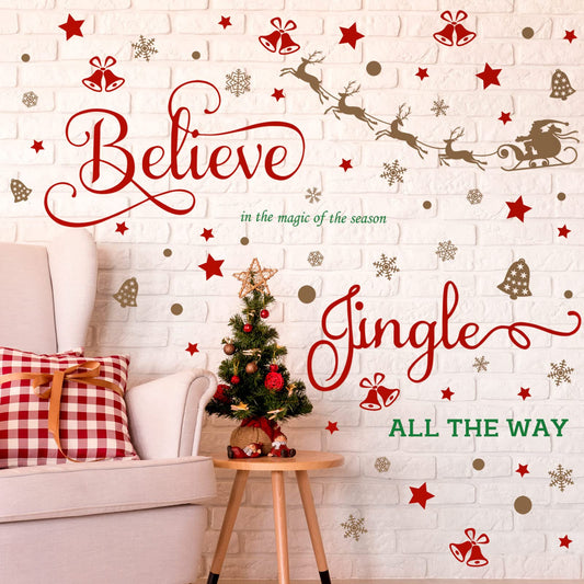 Hotop 4 Sheets Christmas Wall Decals Believe Quote Wall Stickers Christmas Wall Decor Reindeer Snowflakes Window Clings Vinyl Wall Art Decal Removable for Christmas Party Supplies Home Window Decor