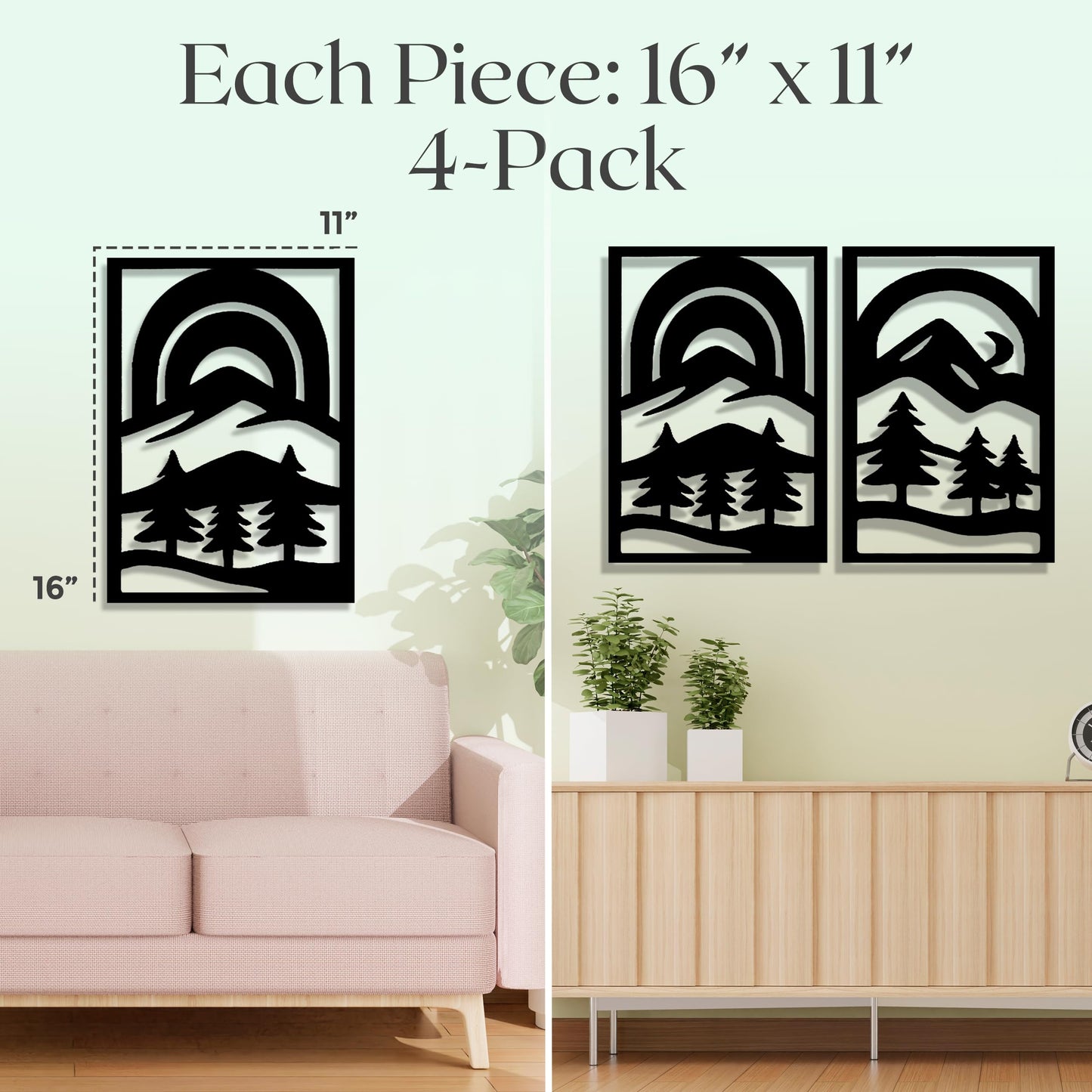 GALLERY GRACE Metal Wall Art Decor – 11" x 16" Set of 4 Abstract Landscape Panels for Living Room, Office, or Bedroom – Minimalist Single Line Black Wall Art with Mountains, Trees, and Sunrise