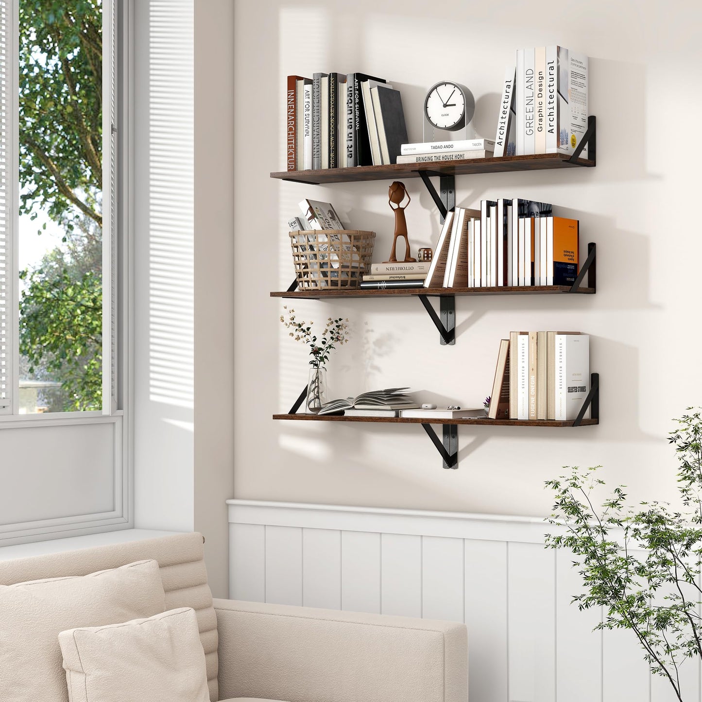Axeman Floating Shelves for Wall, 8 Inch Deep Brown Wall Shelves Set of 2, 16''W x 8''D Rustic Brown Wood Shelves for Bookshelf Living Room Bedroom Home Office Bathroom