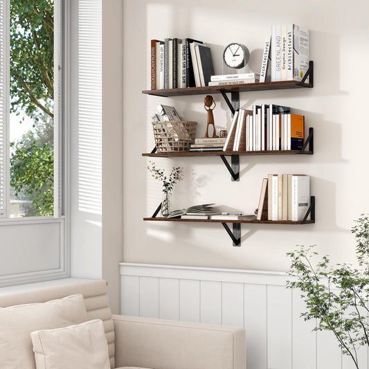 Axeman Floating Shelves for Wall, 8 Inch Deep Brown Wall Shelves Set of 2, 16''W x 8''D Rustic Brown Wood Shelves for Bookshelf Living Room Bedroom Home Office Bathroom
