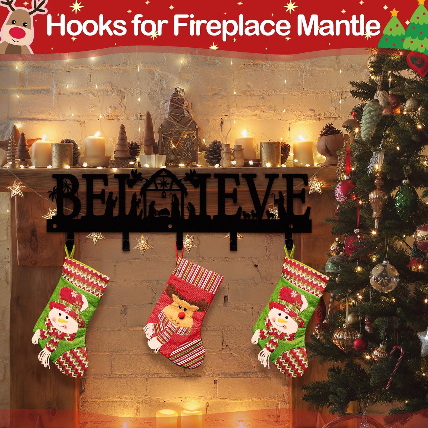 Cinnvoice Nativity Christmas Stocking Holder for Wall with 5 Hangers Metal Christmas Stocking Wall Hanger Mantel Rack Hanging Mount Hook for Holiday Xmas Fireplace Decoration, Black(Believe)