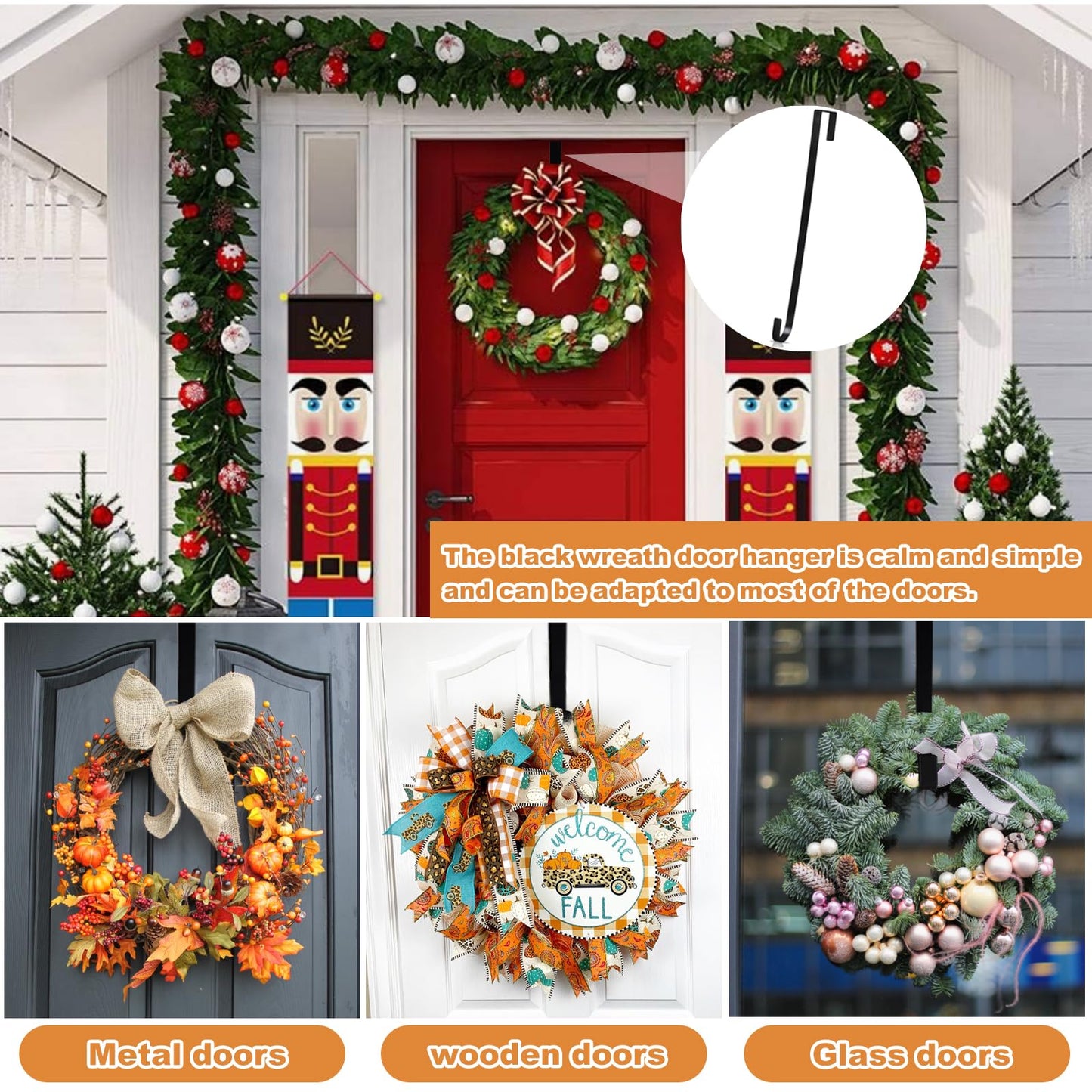PECULA 2 Pack 14' Wreath Hangers for Front Door, Wreath Hanger 40lb Load-Bearing, Metal Wreath Hanger for Welcome Sign, Door Decorations (Black)