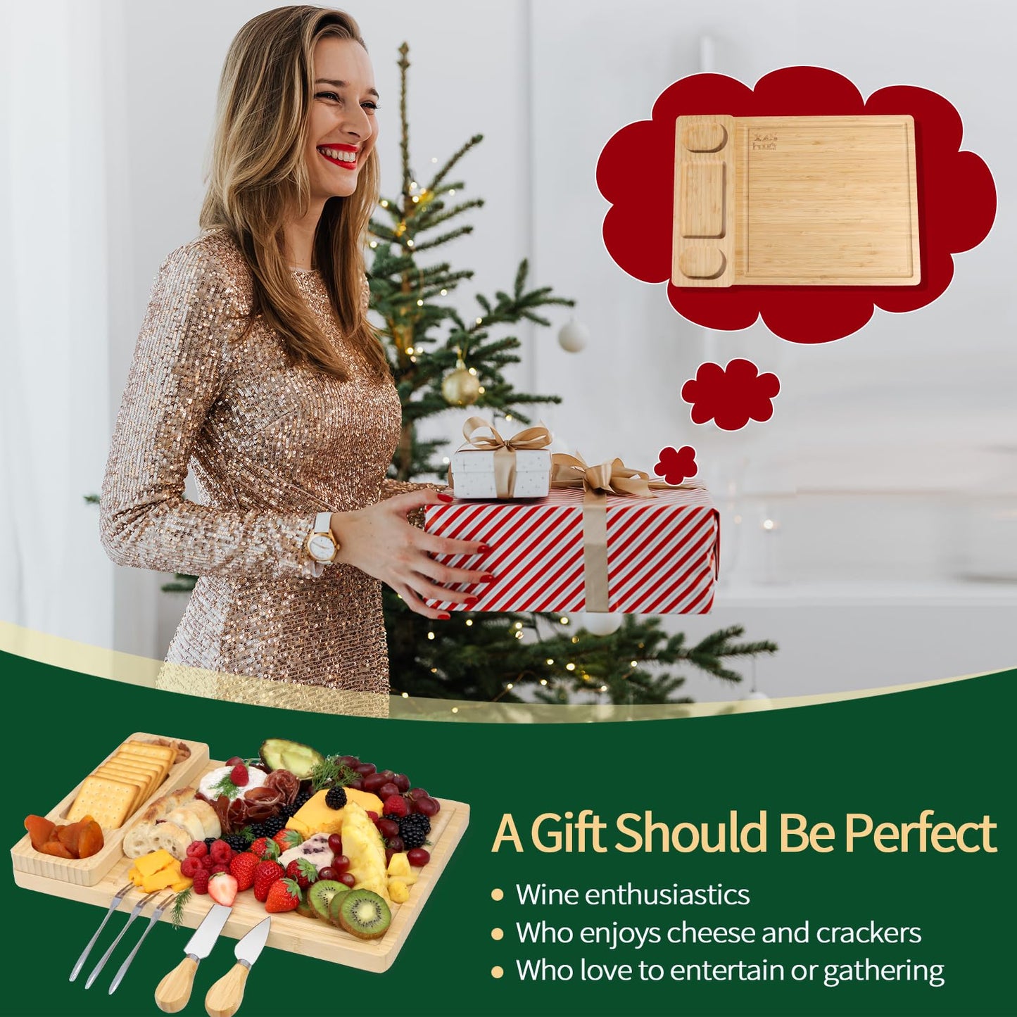 Premium Bamboo Cheese and Charcuterie Board Set - Large Wooden Serving Tray with Hidden Knife Storage, Cheese Knives & Forks - Perfect for Cheese, Meats, Fruits - Ideal Gift for Parties & Holidays