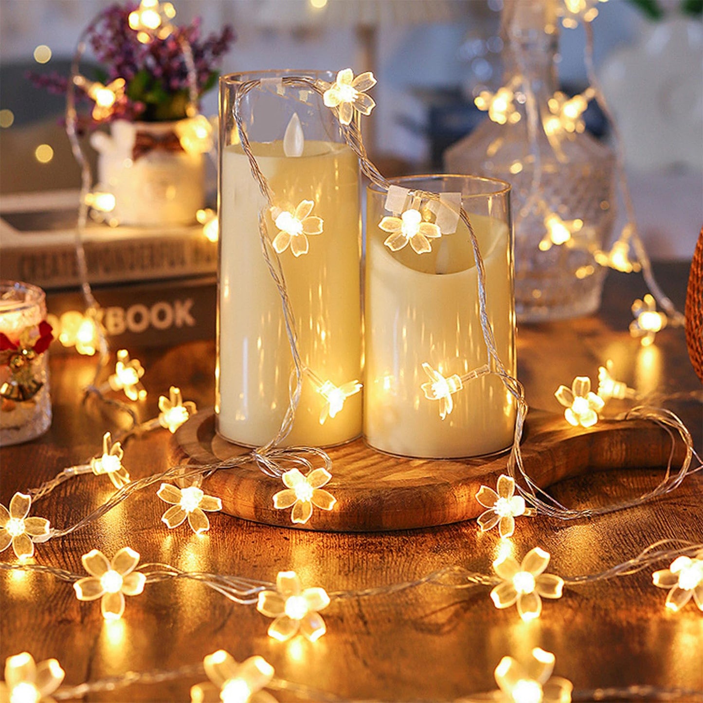 Decorative Flower String Lights for Bedroom, Battery Operated & USB Plug in 10 FT 30 LED Cute Fairy Cherry Blossom Floral Lamps Indoor Outdoor Christmas Holiday Hanging Vine Decorations (Warm White)