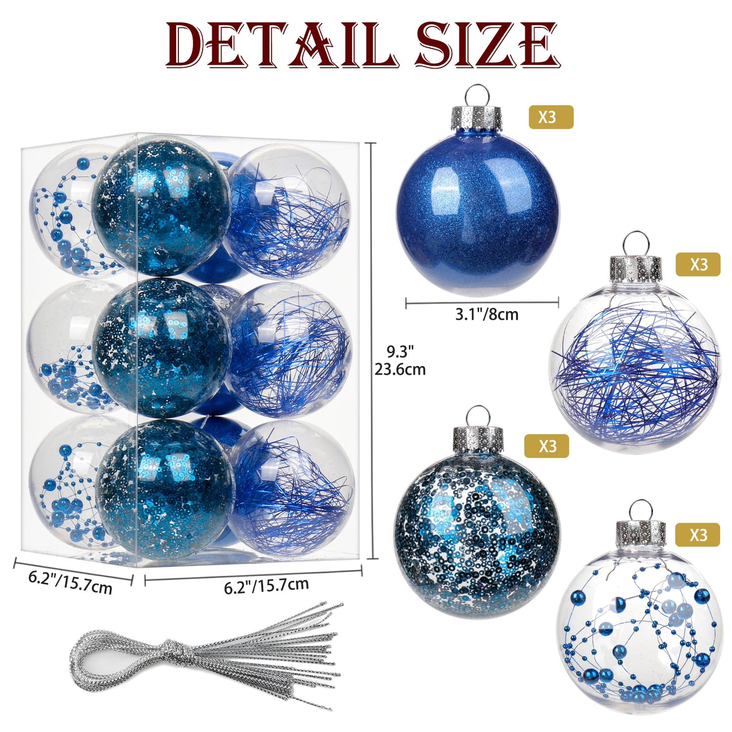 Briful 80mm/3.15" Shatterproof Clear Plastic Christmas Ball Ornaments Decorative Transparent Xmas Balls Baubles Set with Stuffed Delicate Decor Hanging Christmas Tree Ornaments(12 Counts, Blue)