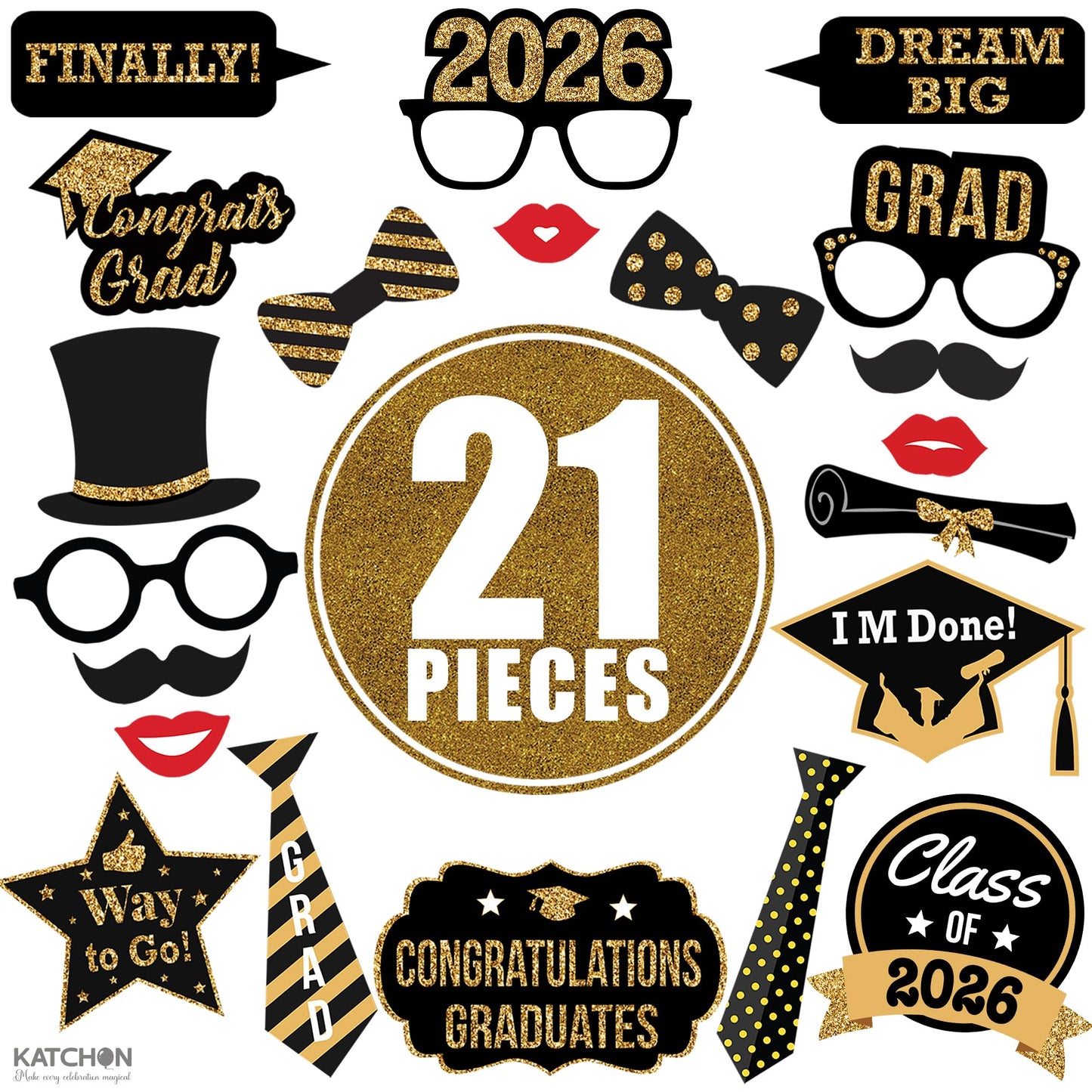 KatchOn, Graduation Photo Booth Props 2026 - Pack of 21 | 2026 Photo Props for Black and Gold 2026 Graduation Decorations, Graduation Party Decorations, Graduation Photo Booth Props, Grad Party Decor