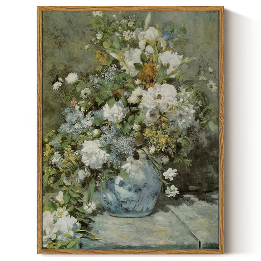 ARPEOTCY Framed Canvas Print Wall Art Decor, French Vintage Flower Spring Botanical Wall Art Home Decor, Ceramic Vase Floral Oil Painting for Living Room, Office Shelf Decoration, 12x16 inch
