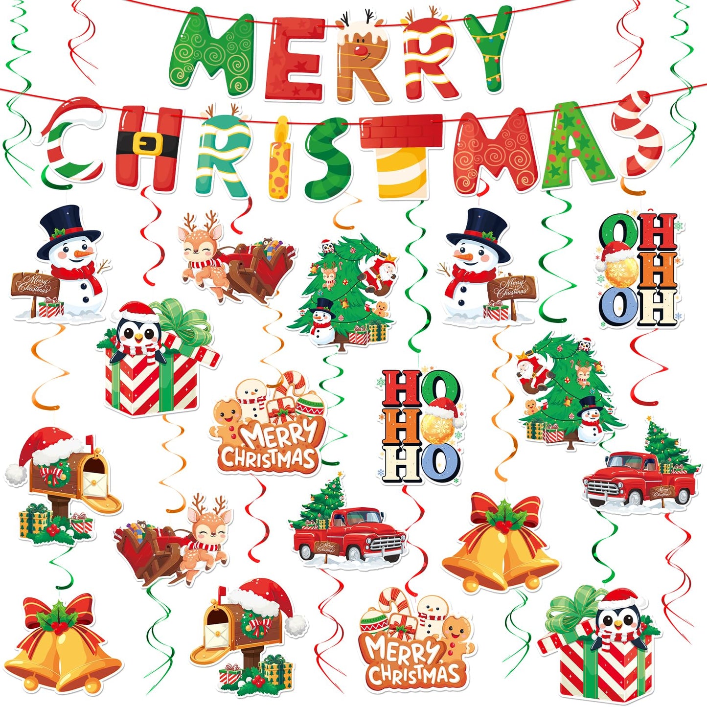 Christmas Decor Set: Banner & Hanging Swirls - for Home, Office, Classroom Indoor Christmas Party Decorations
