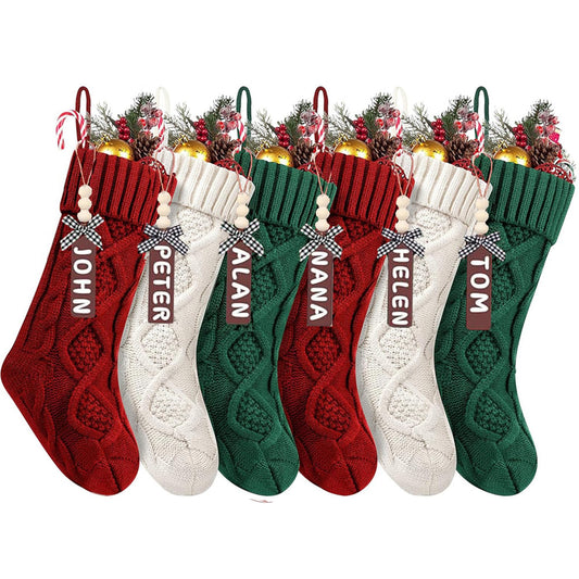 HDKJRN Set of 6 Personalized Christmas Stockings with Wooden Name Tags, 18" Xmas Cable Knitted Stocking – Holiday Hanging Decor Gifts for Family Party (White, Red, Green)
