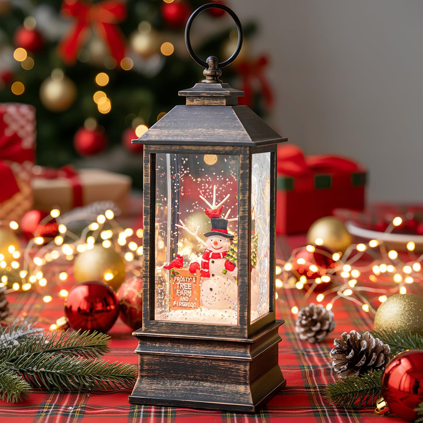 Christmas Snow Globe Water Glittering Farm Snowman with Music & Timer, USB Lined/Battery Operated Lighted Lantern for Christmas Festival Decoration Gifts
