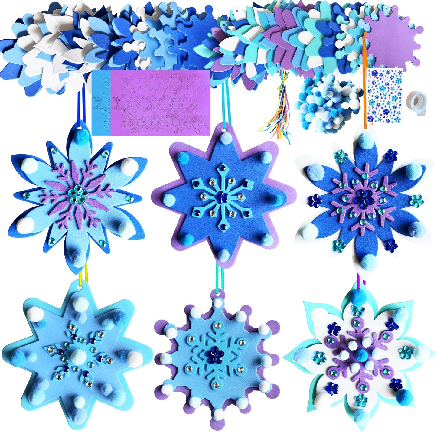 MLOLM 24 Sets Winter Snowflake Crafts Kit DIY 3D Christmas Snowflake Ornament Craft Kits Make Your Own Snowflake Sticker Pompoms for Winter Christmas Holiday Home Activities Party Favors