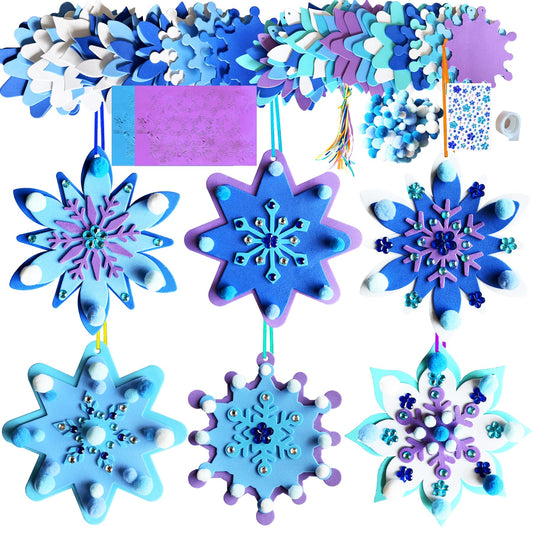 MLOLM 24 Sets Winter Snowflake Crafts Kit DIY 3D Christmas Snowflake Ornament Craft Kits Make Your Own Snowflake Sticker Pompoms for Winter Christmas Holiday Home Activities Party Favors