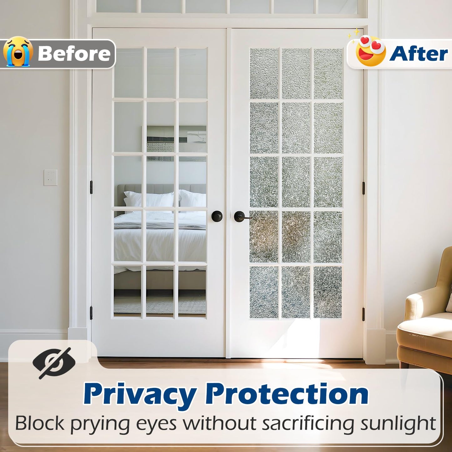Borskyn Frosted Glass Window Privacy Film with Ice Vein Texture, Static Cling UV Blocking Removable Covering, Decorative Frosting Film for Home Office Bedroom Door, Clear, 17.5 x 78.7 Inches