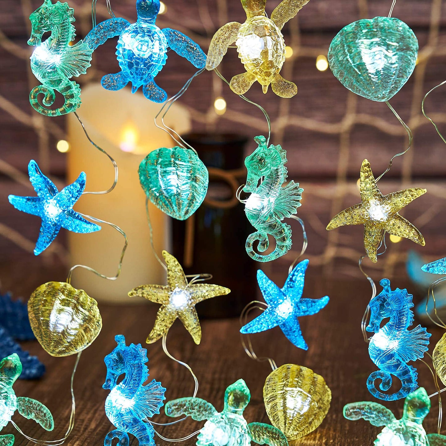 Belniak Nautical Theme Ocean Décor Beach Decorative String Lights Outdoor Seahorse Sea Turtle Starfish Shell Cute Marine Life Novelty Night Lights 30LED 10ft Battery Operated