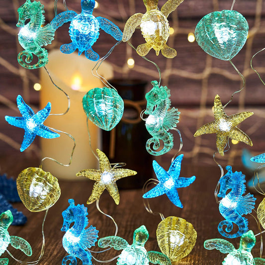 Belniak Nautical Theme Ocean Décor Beach Decorative String Lights Outdoor Seahorse Sea Turtle Starfish Shell Cute Marine Life Novelty Night Lights 30LED 10ft Battery Operated