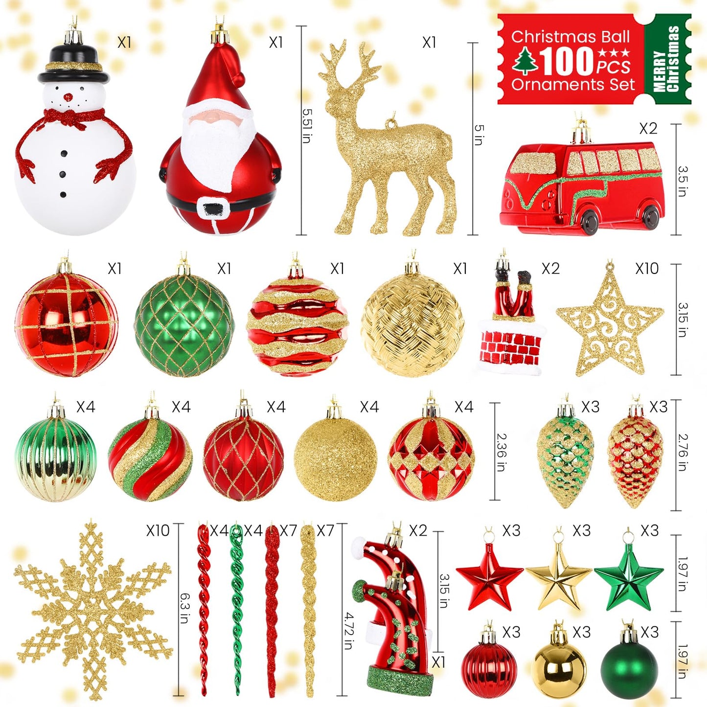 Alupssuc 100 Pcs Christmas Ball Ornaments Set, Santa Claus and Snowman Christmas Tree Decoration Baubles for Indoor Outdoor Holiday Wedding Party Decoration Tree with Hanging Rope, Red & Green & Gold