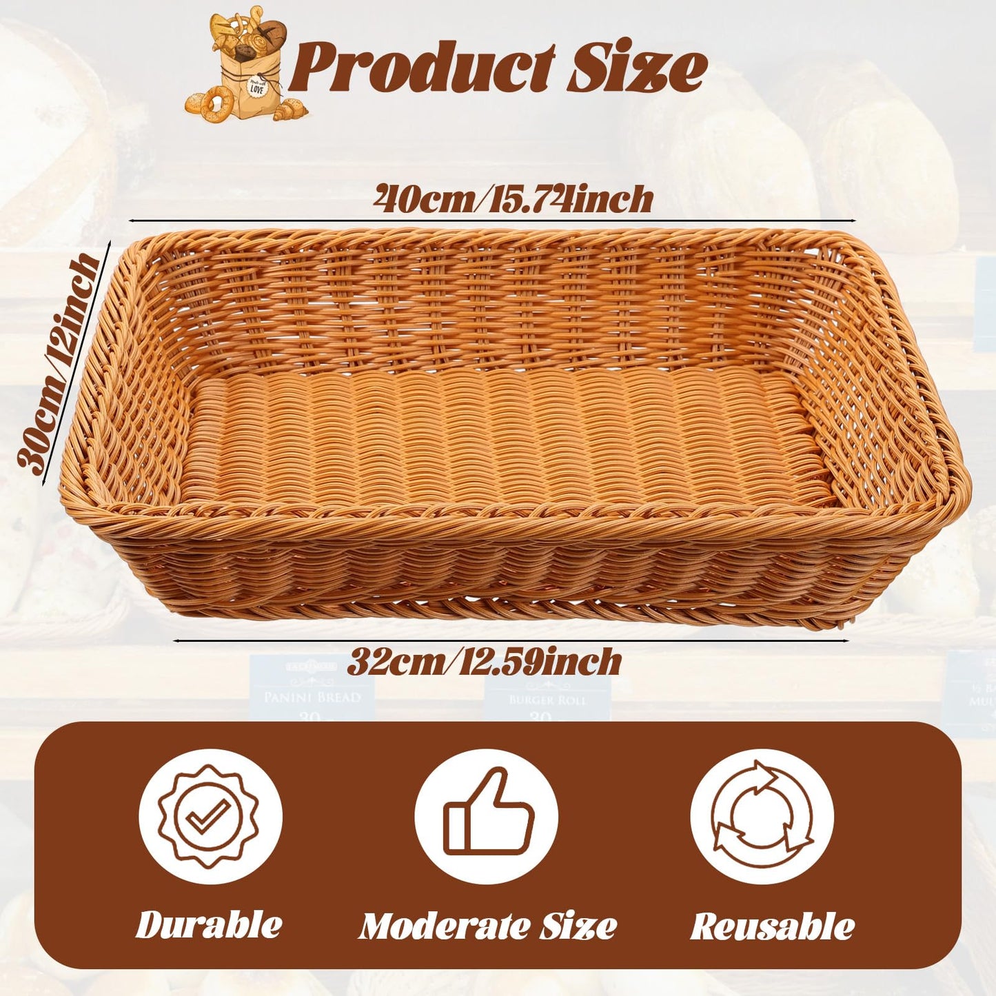 Retainbre 3 Pack Wicker Bread Baskets for Serving 15.8 Inch Rattan Tray Rectangular Display Baskets for Food Fruit Vegetables Snack Decorative Kitchen Restaurant Home