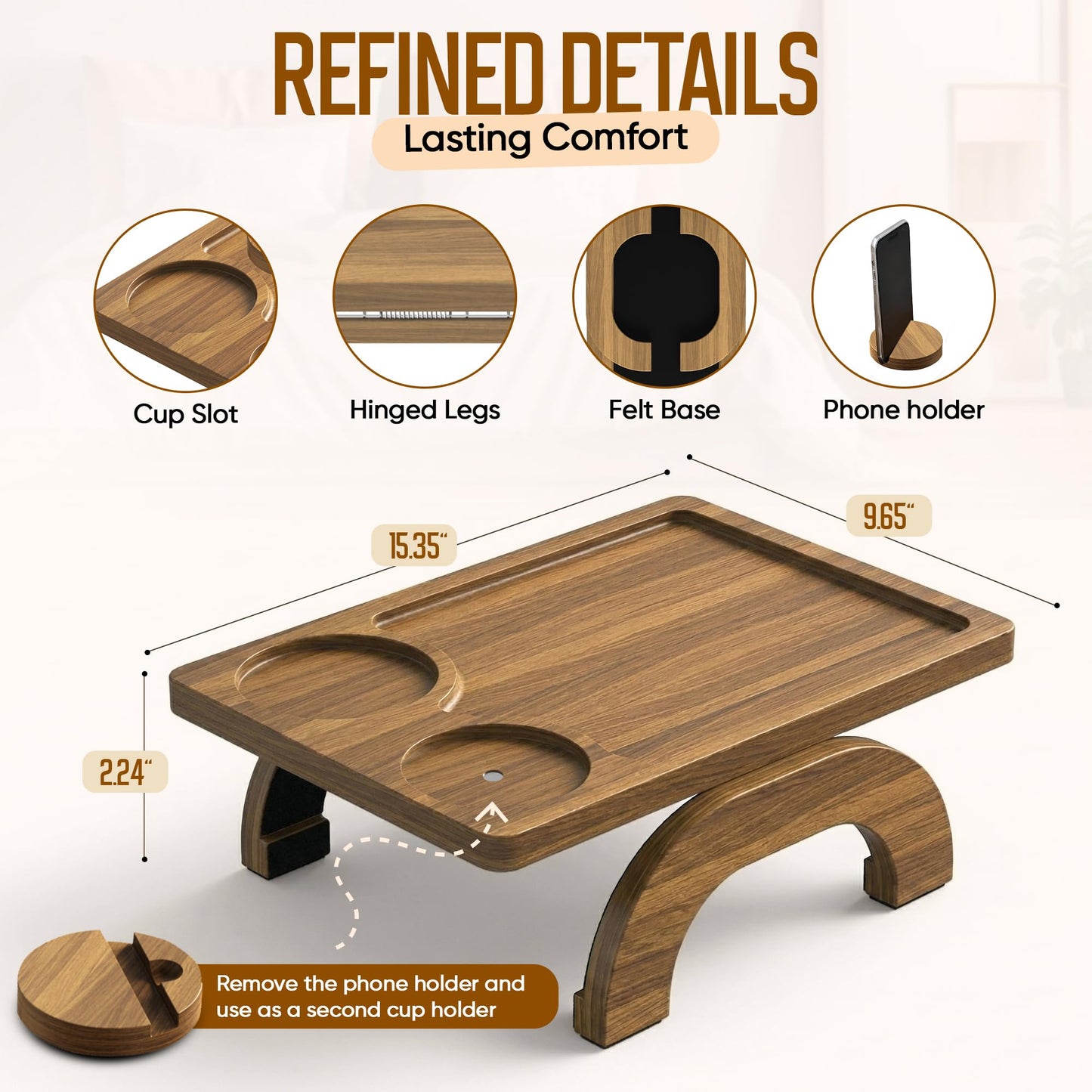 Motovatec Acacia Wood Sofa Arm Tray - 3-in-1 Couch Arm Table with Phone Holder, Cup Placer & Foldable Tray - Armrest Clip-On Design for Couch with 360° Rotated Phone Holder