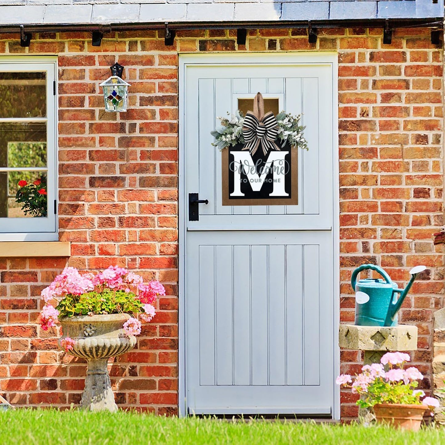 Last Name All Year Round Front Door Wreath with 26 Initial Letter Welcome Sign All Seasons Eucalyptus Garland and Bow ，Farmhouse, Porch, for Spring Summer Fall All Seasons Holiday Halloween Christmas. (M)