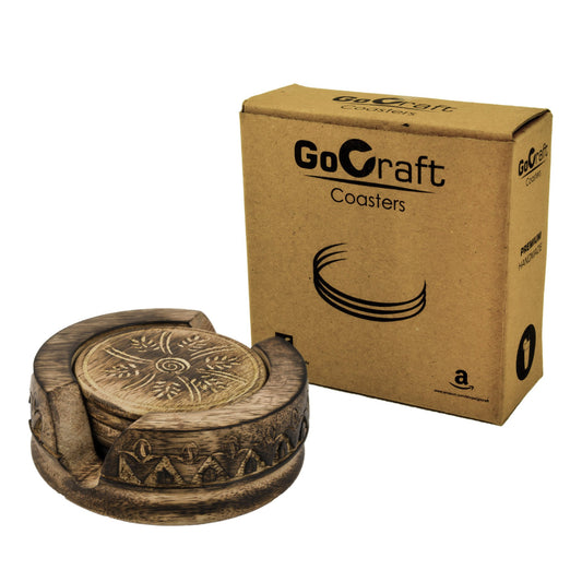 GoCraft Wooden Coasters Set of 6 | Handmade Drink Coasters with Lotus Shaped Holder in Rustic Wood Design Carving