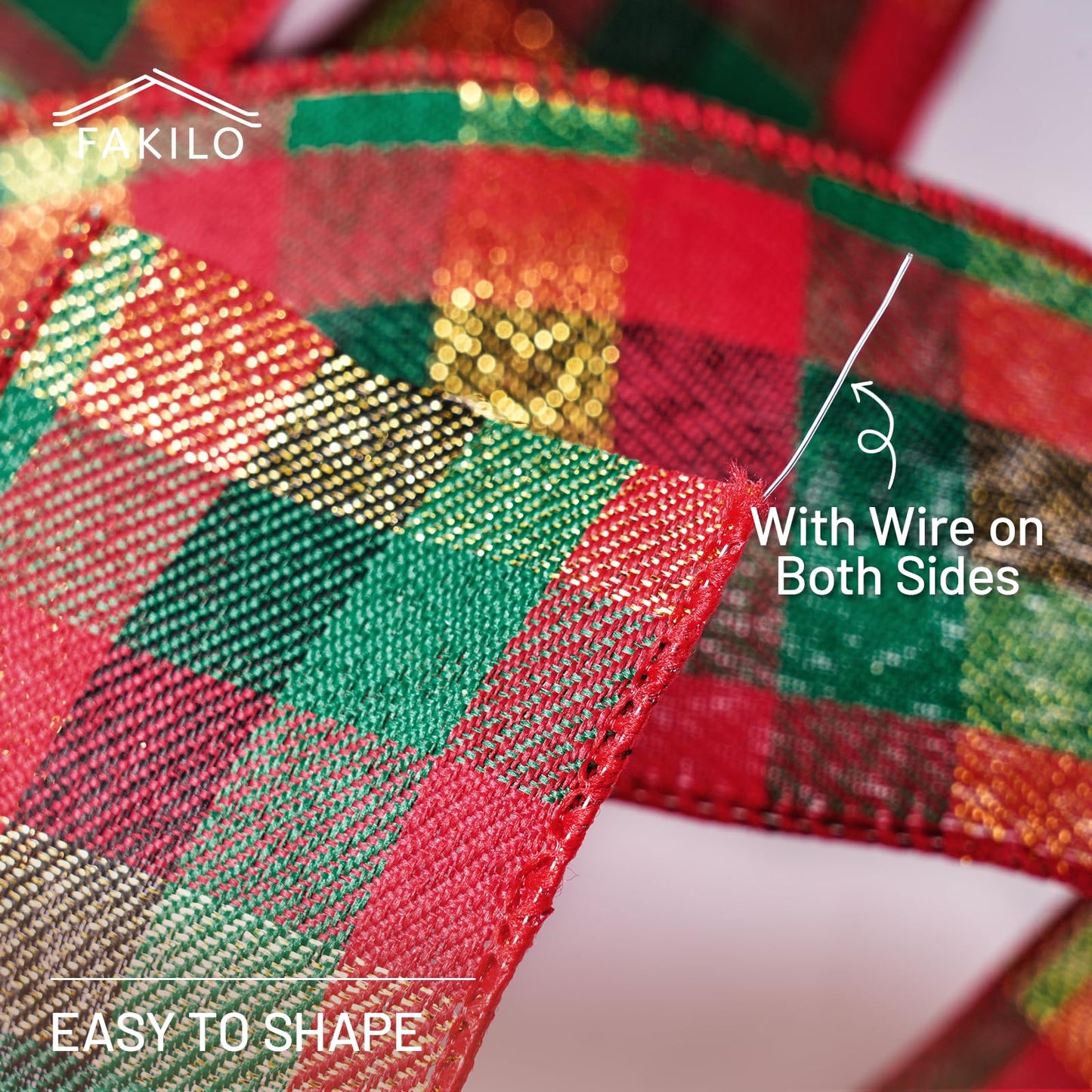 FAKILO Christmas Wired Ribbon 2-1/2 inch x 10 Yards Gold Red and Green Gingham Buffalo Plaid Tartan Christmas Ribbon for Tree Wreath Decor Gift Wrapping Topper Bow Making