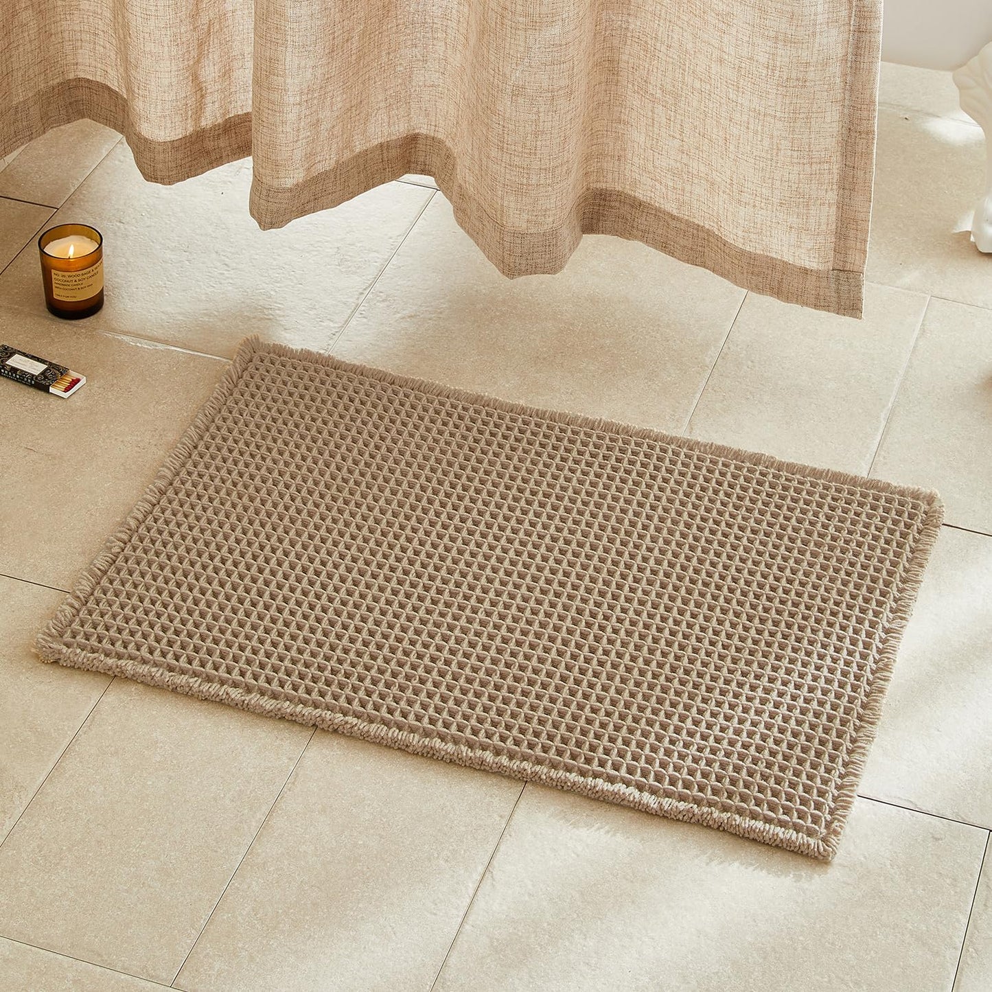 TYUU Waffle Bath Mat, Boho Bathroom Rugs Non Slip Washable Super Absorbent Quick Dry Farmhouse Bathroom Decor, 30"x20" Khaki
