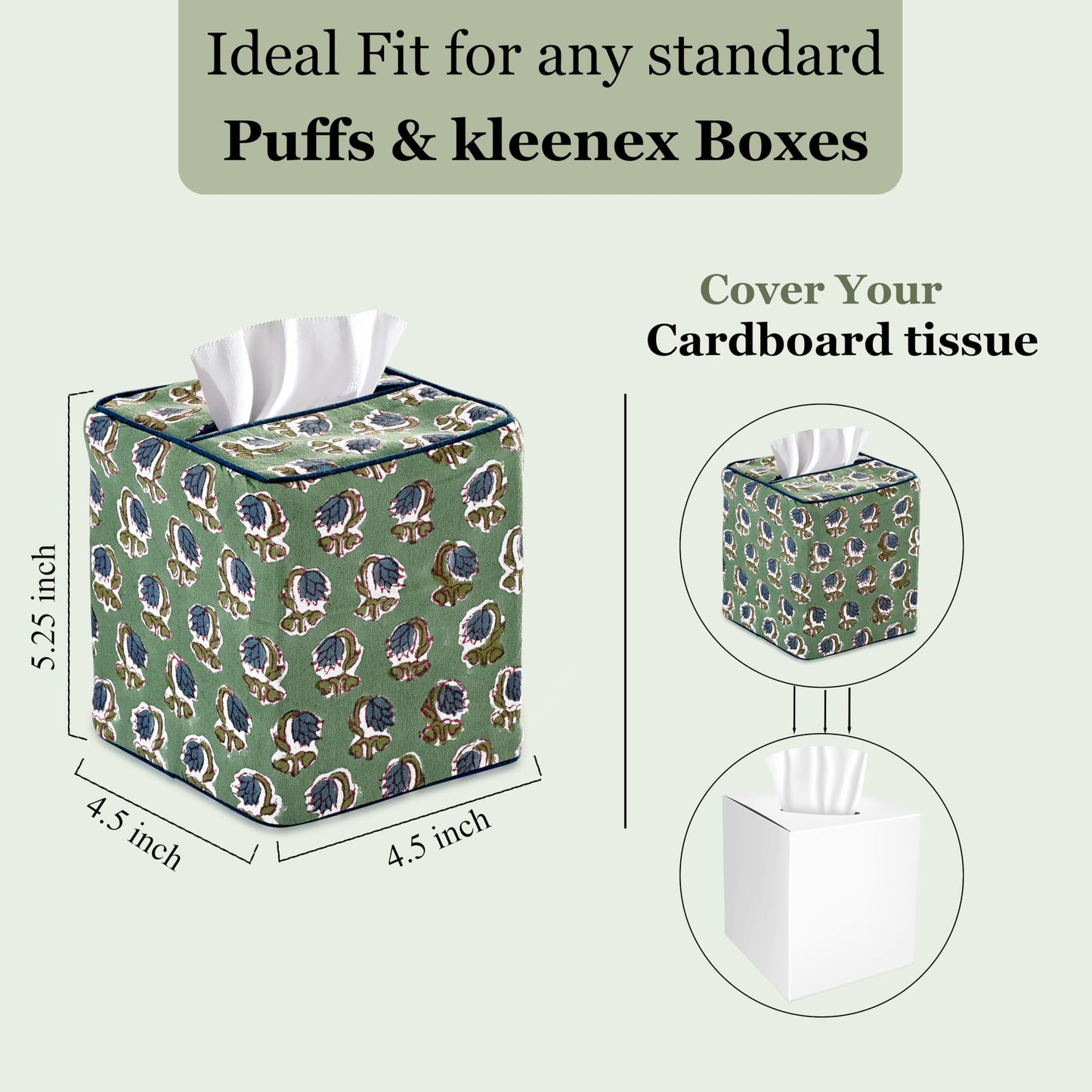 Ridhi Basil Green Block Print Tissue Box Cover Handmade Cotton Fabric Decorative Square Napkin Holder for Home Bedroom Living Room Bathroom Vanity Countertop Car Night Stands Office Kitchen