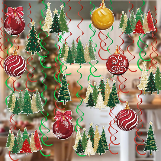 Horaldaily Christmas 44 Pieces Party Hanging Swirl Banner Decorations, Christmas Trees Ball Ornaments Party Hanging Swirls Streamers Ceiling Decor for Home Office Classroom School Boys Girls Supplies